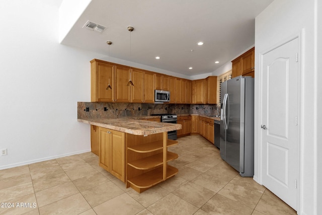 kitchen with backsplash, kitchen peninsula, light tile patterned floors, and appliances with stainless steel finishes