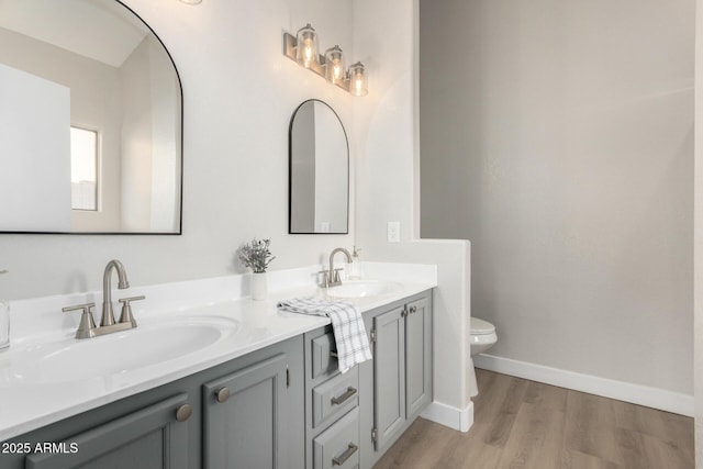 bathroom featuring vanity, toilet, and hardwood / wood-style floors