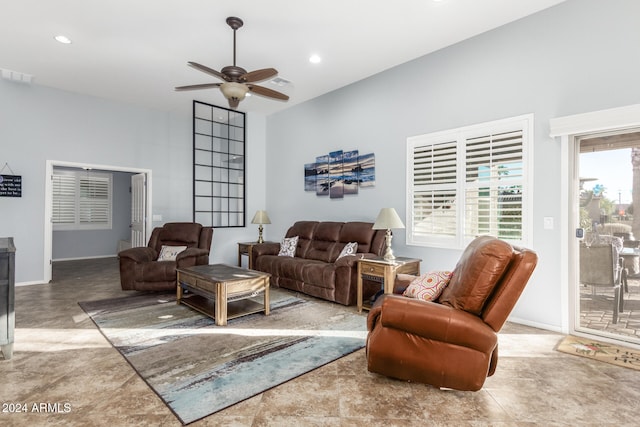 living room featuring ceiling fan