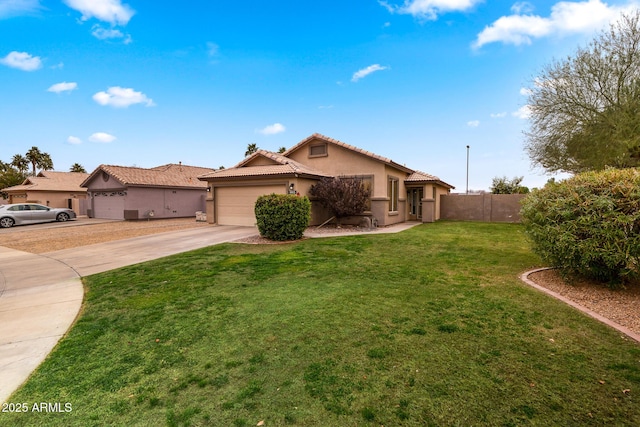 ranch-style house with a garage and a front yard