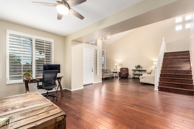 office space featuring lofted ceiling, ceiling fan, and dark hardwood / wood-style flooring