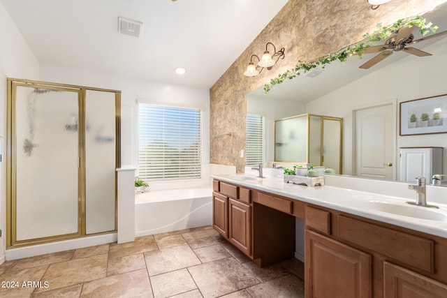 bathroom featuring vanity, separate shower and tub, and ceiling fan