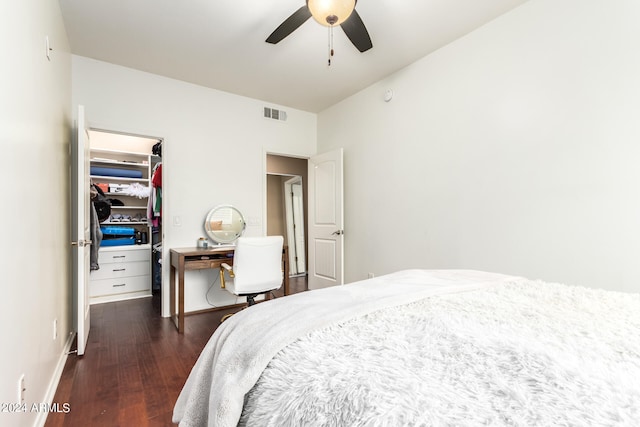 bedroom with dark wood-type flooring, a walk in closet, ceiling fan, and a closet