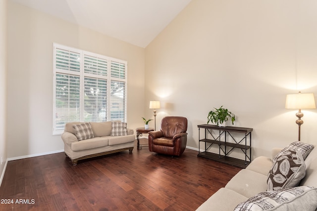 living room with high vaulted ceiling and dark hardwood / wood-style flooring