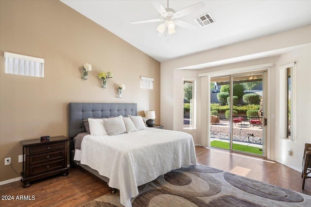 bedroom with access to outside, high vaulted ceiling, dark hardwood / wood-style flooring, and ceiling fan