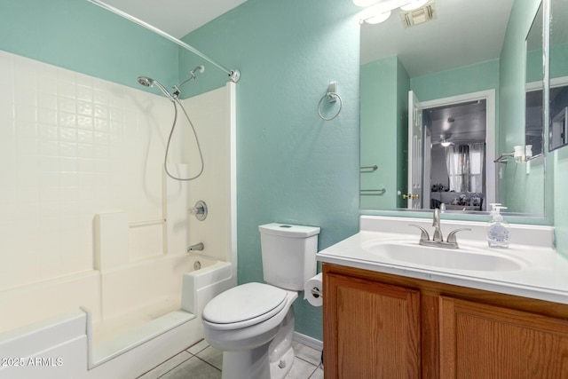 full bathroom with toilet, vanity, shower / bath combination, and tile patterned floors