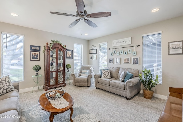 living room featuring carpet, recessed lighting, a ceiling fan, and baseboards