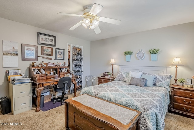 bedroom with light colored carpet and ceiling fan