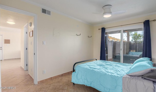 bedroom with light tile patterned floors, crown molding, access to outside, and ceiling fan