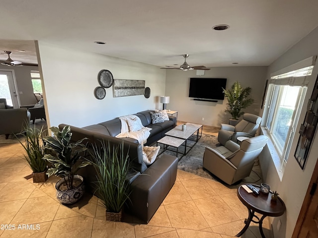 8355 E Via De Encanto, Scottsdale, AZ 85258 - living area featuring ceiling fan, light tile patterned floors, and recessed lighting