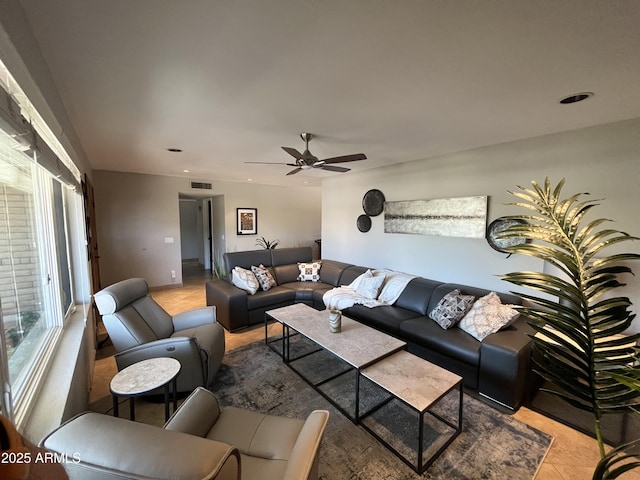 8355 E Via De Encanto, Scottsdale, AZ 85258 - living area featuring a ceiling fan, light tile patterned flooring, and recessed lighting