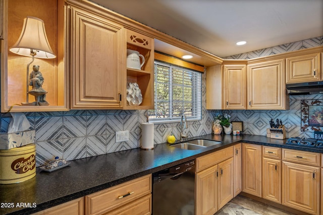 kitchen with sink, dishwasher, stainless steel gas stovetop, and tasteful backsplash