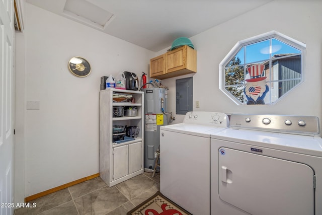 laundry area with electric water heater, electric panel, light tile patterned flooring, cabinets, and washer and clothes dryer