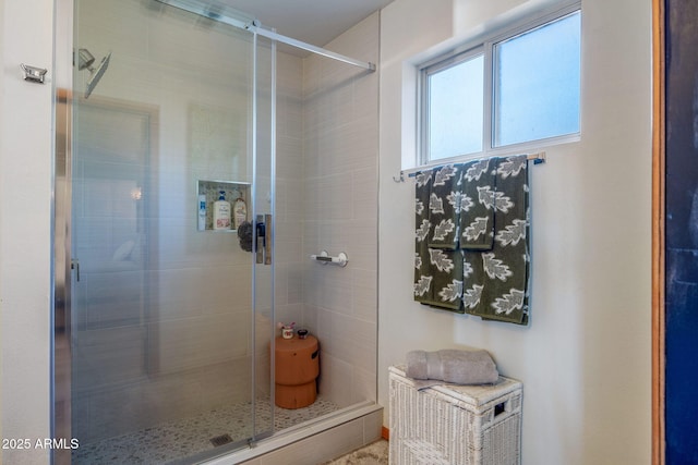 bathroom featuring a shower with shower door