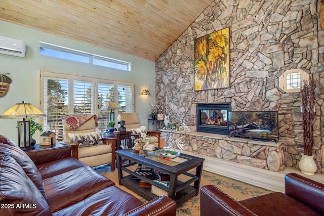 living room with wooden ceiling, a fireplace, hardwood / wood-style flooring, an AC wall unit, and high vaulted ceiling