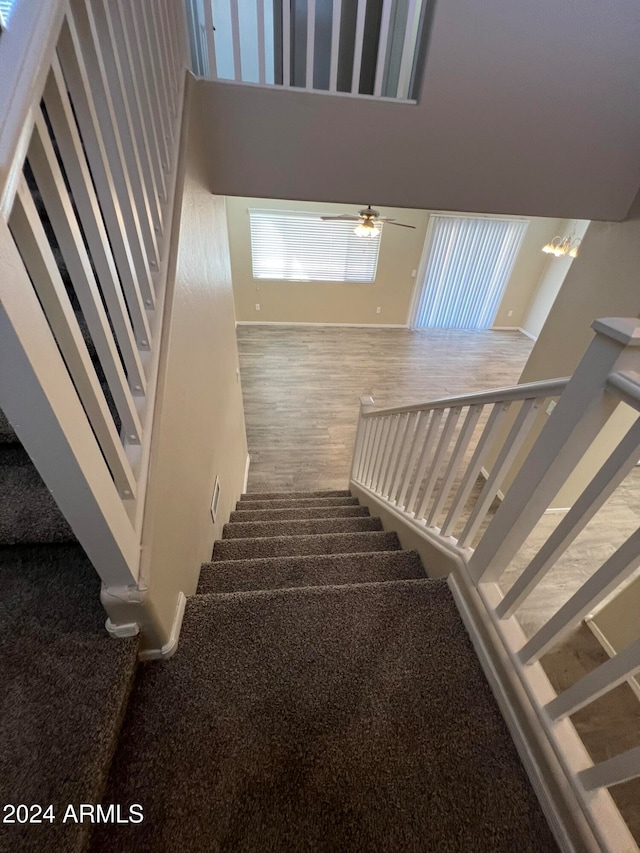 staircase featuring wood-type flooring, ceiling fan with notable chandelier, and a high ceiling