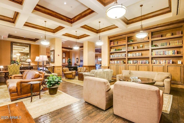 16881 W Merrell St, Goodyear, AZ 85395 - community lobby featuring beamed ceiling, coffered ceiling, ornamental molding, and a wainscoted wall