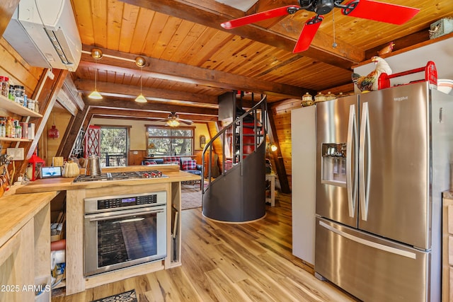 4872 N Trails End Dr, Pine, AZ 85544 - kitchen with stainless steel appliances, ceiling fan, wooden counters, wood ceiling, and light wood-style floors