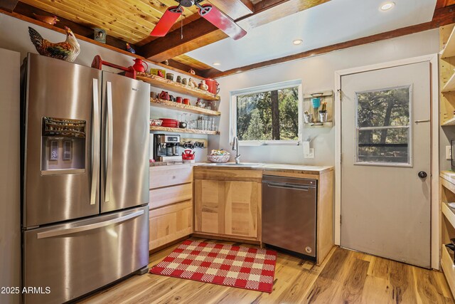 4872 N Trails End Dr, Pine, AZ 85544 - kitchen featuring stainless steel appliances, a sink, open shelves, ceiling fan, and beam ceiling