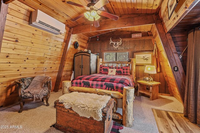 4872 N Trails End Dr, Pine, AZ 85544 - bedroom with wooden walls, a wall mounted air conditioner, wooden ceiling, and carpet flooring