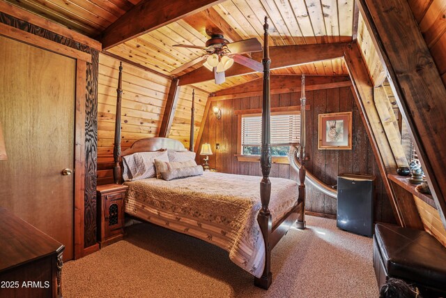 4872 N Trails End Dr, Pine, AZ 85544 - bedroom featuring wood ceiling, carpet flooring, and wooden walls