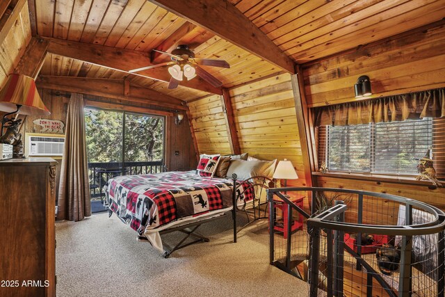 4872 N Trails End Dr, Pine, AZ 85544 - carpeted bedroom featuring wooden walls, access to exterior, and wooden ceiling