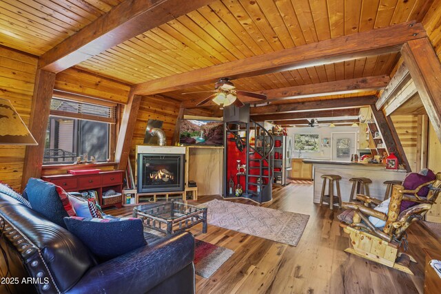 4872 N Trails End Dr, Pine, AZ 85544 - living area with a ceiling fan, wood-type flooring, beam ceiling, wooden ceiling, and wooden walls
