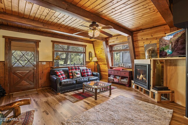4872 N Trails End Dr, Pine, AZ 85544 - living area with wood ceiling, wood walls, beamed ceiling, hardwood / wood-style floors, and a wainscoted wall