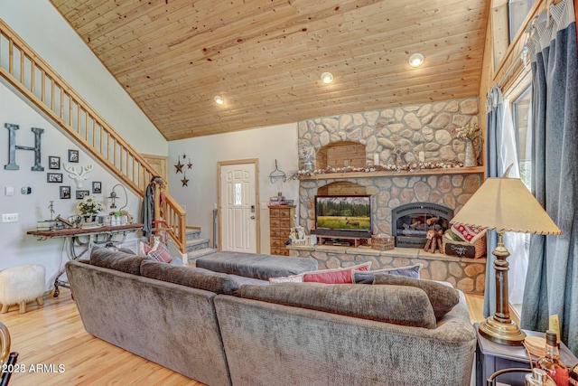 6124 W Hidden Pines Loop, Pine, AZ 85544 - living area with stairs, wood finished floors, recessed lighting, wood ceiling, and a stone fireplace