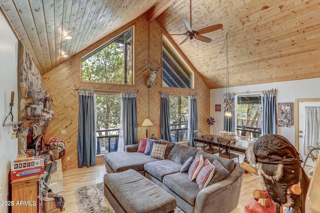 6124 W Hidden Pines Loop, Pine, AZ 85544 - living area featuring a wooden ceiling with exposed beams, high vaulted ceiling, wooden walls, ceiling fan, and wood finished floors
