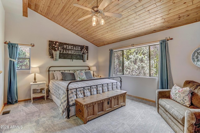 6124 W Hidden Pines Loop, Pine, AZ 85544 - bedroom with light carpet, vaulted ceiling, wood ceiling, and a ceiling fan