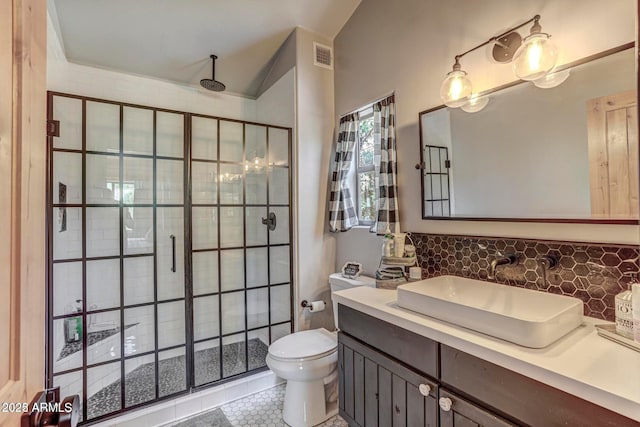 6124 W Hidden Pines Loop, Pine, AZ 85544 - bathroom featuring tasteful backsplash, a stall shower, vanity, tile patterned floors, and vaulted ceiling