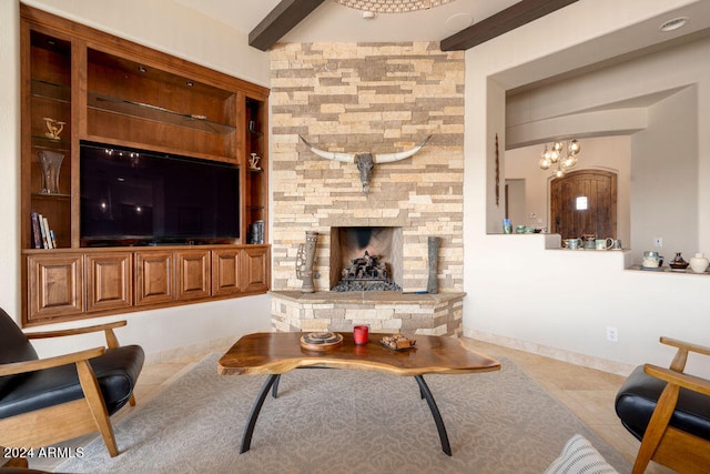 tiled living room with beamed ceiling, a chandelier, a fireplace, and built in features