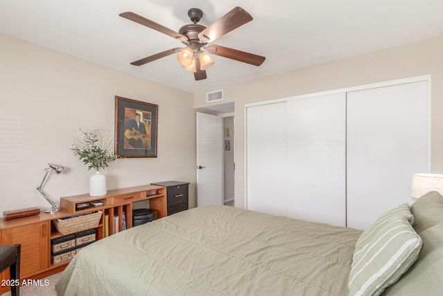 bedroom featuring a closet, visible vents, and a ceiling fan