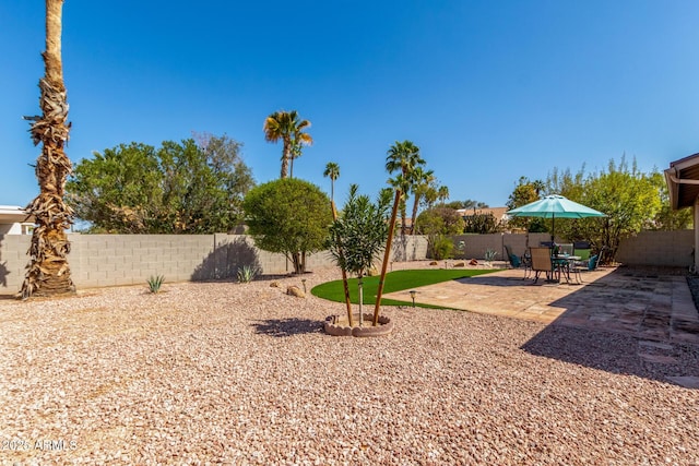 view of yard featuring a patio area and a fenced backyard