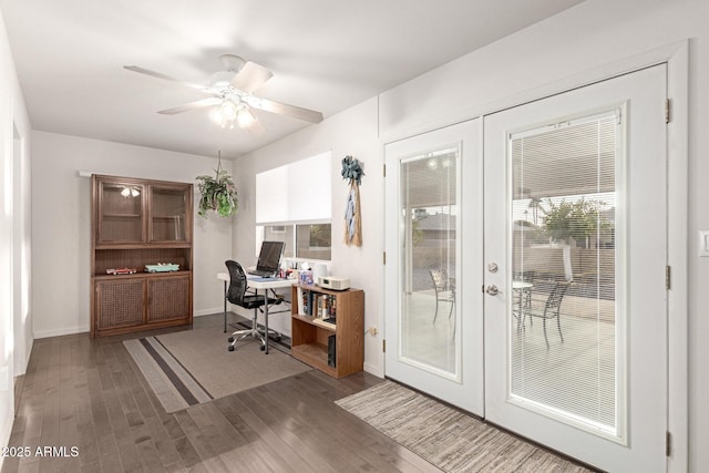 office area with dark hardwood / wood-style floors, french doors, and ceiling fan