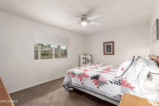 bedroom with ceiling fan and carpet floors