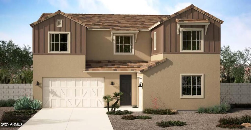 view of front facade featuring stucco siding, driveway, a garage, and fence