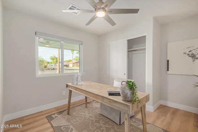 2905 W Campo Bello Dr, Phoenix, AZ 85053 - office area with baseboards, a ceiling fan, light wood-style floors, and visible vents
