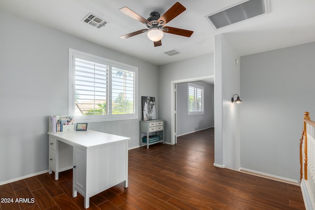 office space with dark hardwood / wood-style floors and ceiling fan