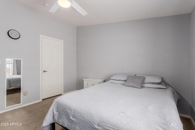 carpeted bedroom with baseboards and ceiling fan