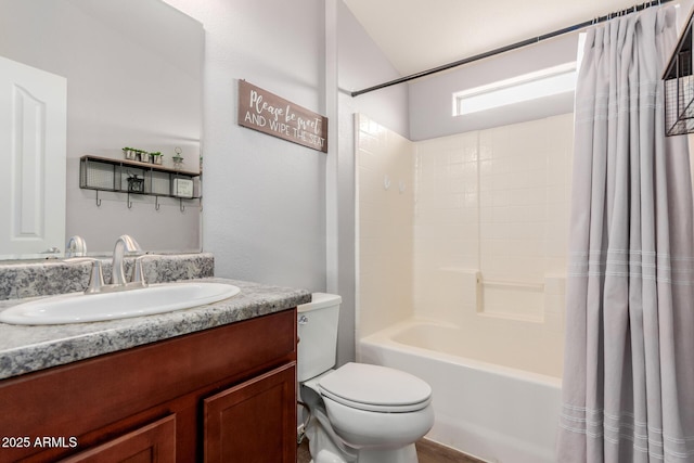 full bath with vanity, toilet, and shower / bath combo with shower curtain