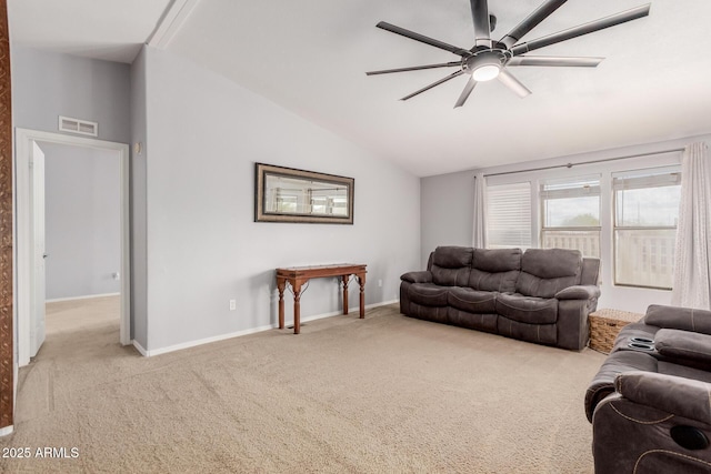 carpeted living room featuring visible vents, baseboards, ceiling fan, and vaulted ceiling