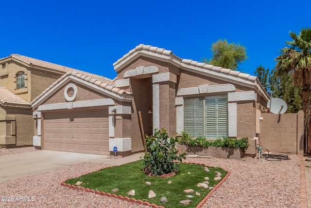 1712 E Saratoga St, Gilbert, AZ 85296 - view of front facade featuring a tile roof, driveway, fence, an attached garage, and stucco siding