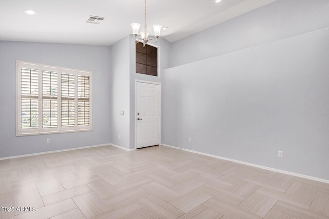 1712 E Saratoga St, Gilbert, AZ 85296 - empty room with high vaulted ceiling, an inviting chandelier, baseboards, visible vents, and recessed lighting