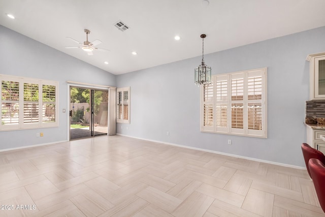 1712 E Saratoga St, Gilbert, AZ 85296 - interior space with recessed lighting, vaulted ceiling, visible vents, baseboards, and ceiling fan with notable chandelier
