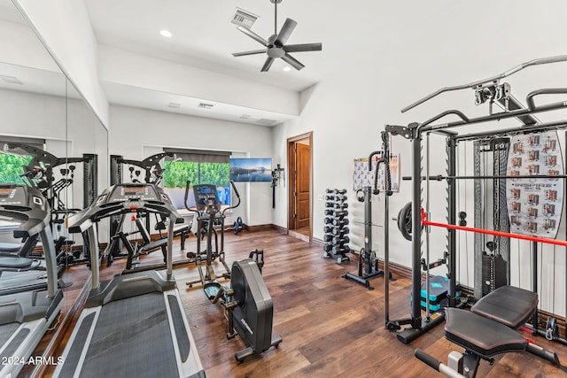 gym featuring ceiling fan and dark wood-type flooring