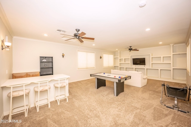 35317 N 31st Dr, Phoenix, AZ 85086 - rec room with visible vents, crown molding, ceiling fan, recessed lighting, and light colored carpet