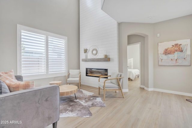 living area with a fireplace and light wood-type flooring