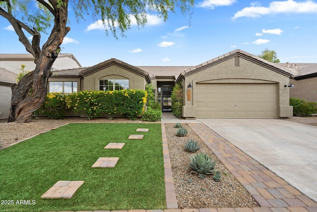 26264 N 46th St, Phoenix, AZ 85050 - ranch-style house with an attached garage, concrete driveway, a tiled roof, and stucco siding